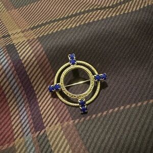 Vintage Blue Stone Circular Gold Tone Brooch